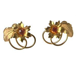 Sterling Red Rhinestone Flower Gold Tone Earrings Screw-Back Vintage